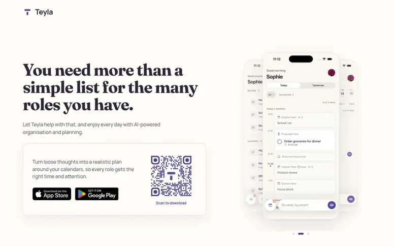 Screenshot of the Teyla homepage