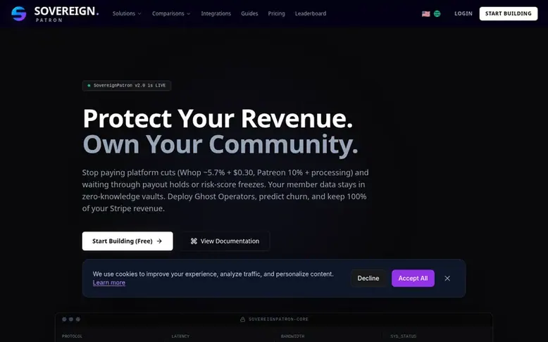Screenshot of the SovereignPatron homepage