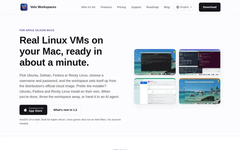 Screenshot of the Velo Workspaces homepage