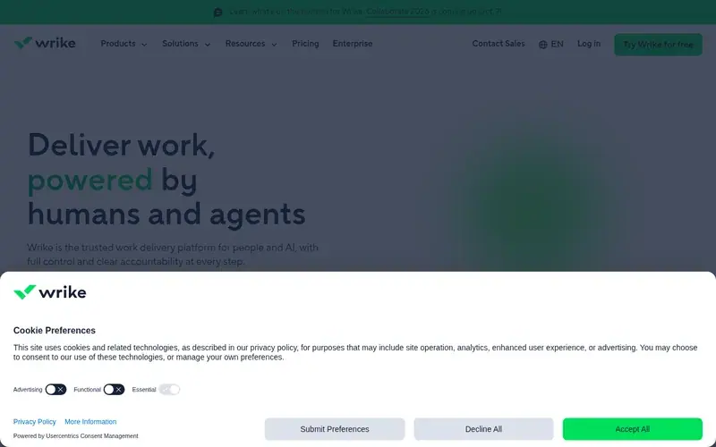 Screenshot of the Wrike homepage