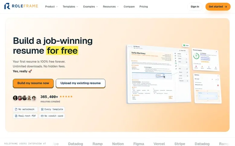 Screenshot of the Roleframe homepage